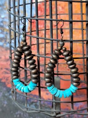 Boho Western Turquoise & Brown Copper Beaded Teardrop Earrings - Artisian Made